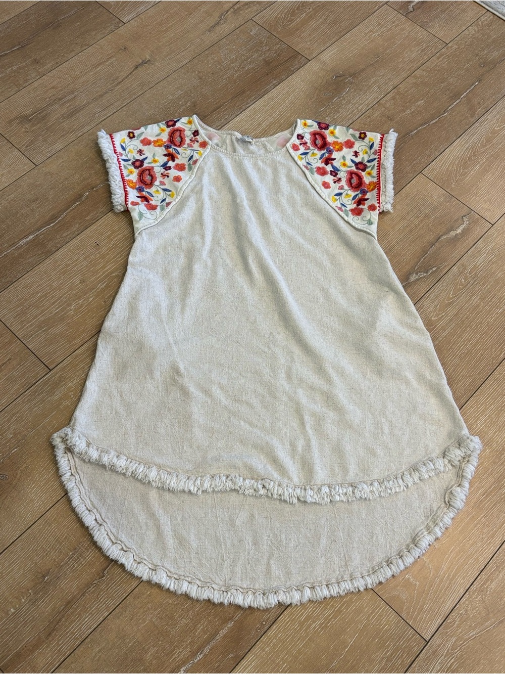 Boho Floral Embroidered Linen Blend Hi-Low Shift Dress Fringe Trim Size M Umgee - Picture 2 of 8